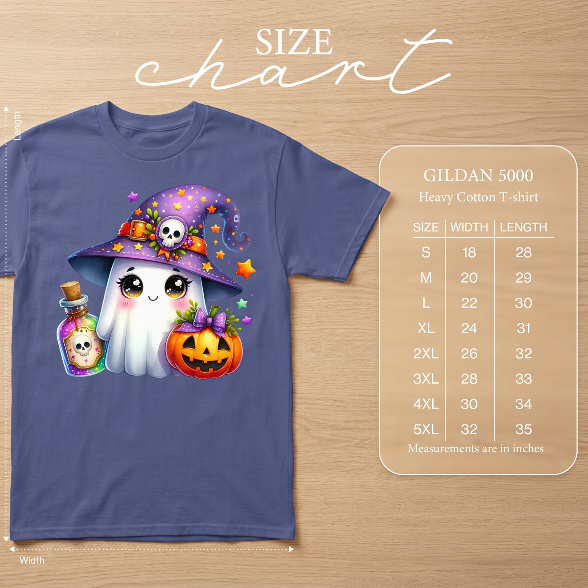 T-shirt with cute ghost, pumpkin, potion, and witch hat graphic. Size chart included.