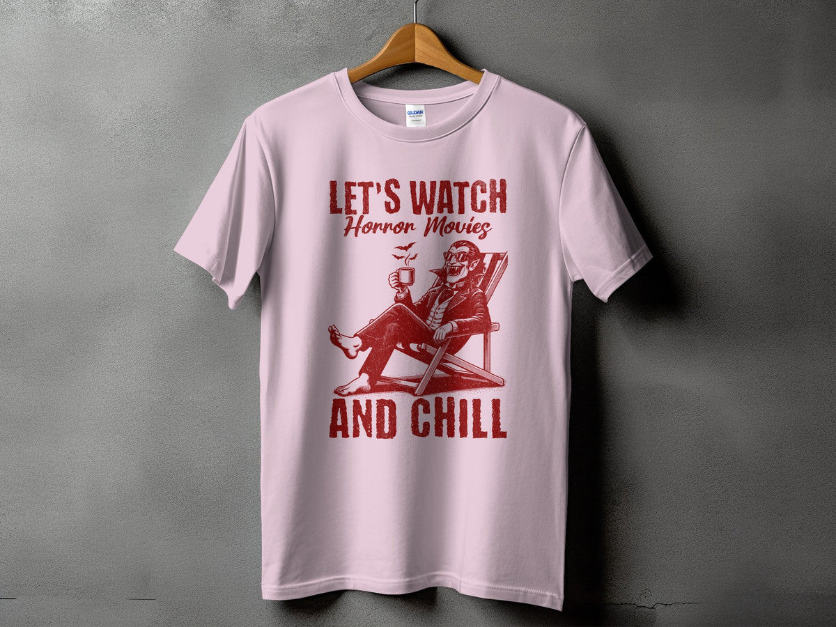 Pink t-shirt with "LET'S WATCH Horror Movies AND CHILL" text and vampire graphic.