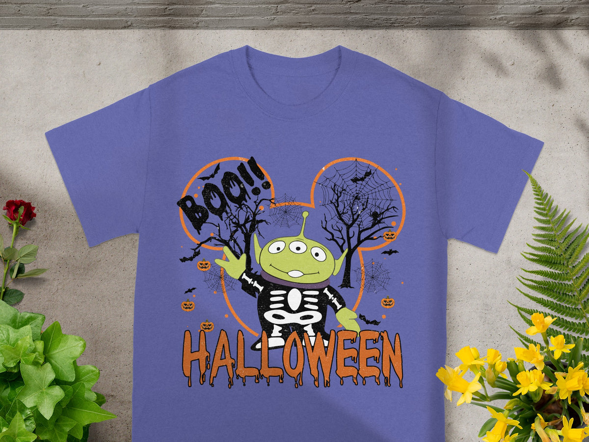 Alien character in skeleton costume with "Boo!!" and "Halloween" text.
