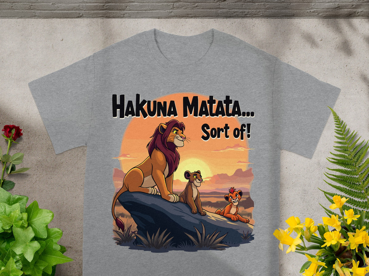 Grey t-shirt with "Hakuna Matata... Sort Of!" and The Lion King characters.