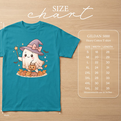 Teal t-shirt with a cute ghost design and Gildan 5000 size chart.