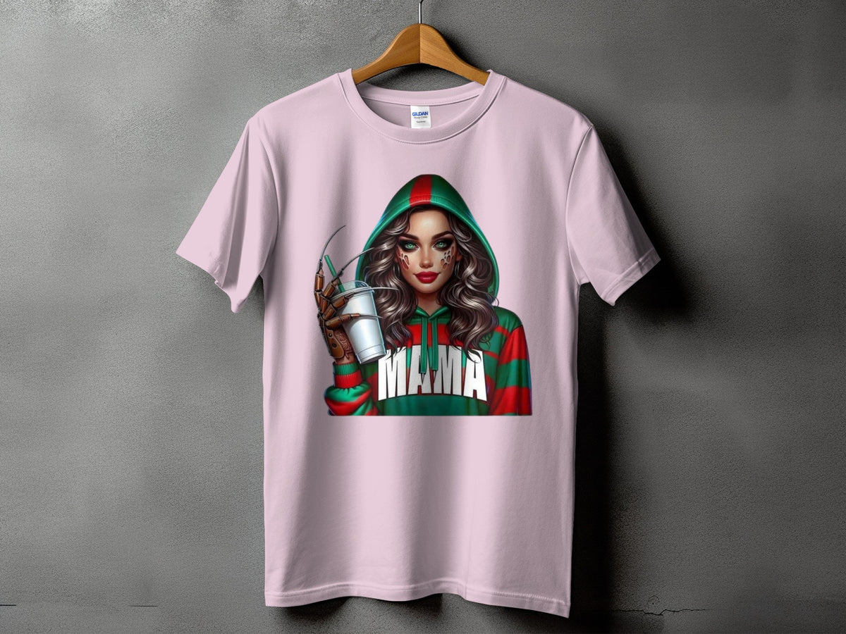Pink t-shirt featuring a graphic of a woman in a green and red striped hoodie holding a drink.