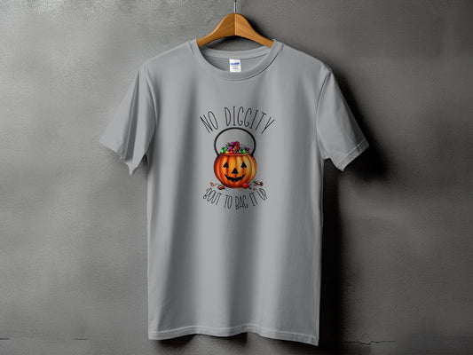 Grey t-shirt with a Halloween pumpkin candy bucket graphic and text.