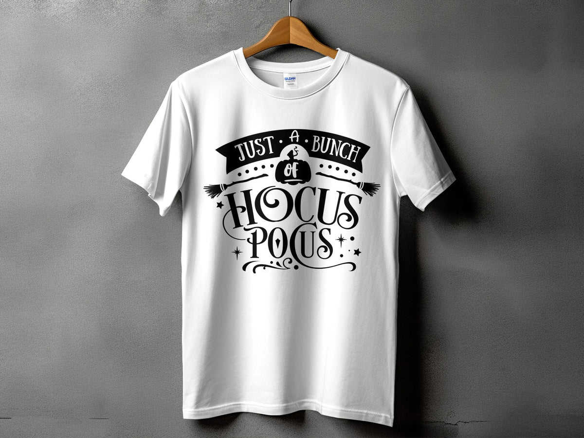 White t-shirt with "Just a bunch of Hocus Pocus" Halloween graphic.