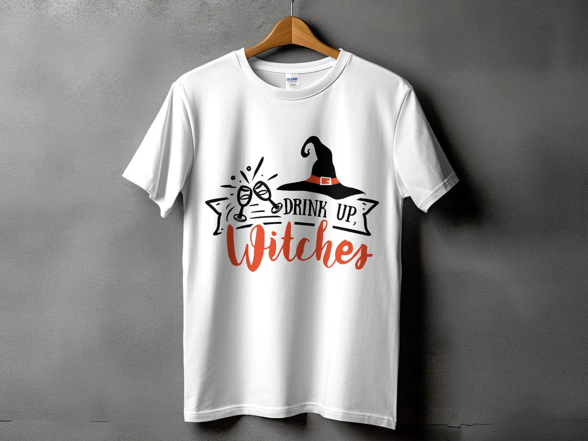 White t-shirt with "Drink Up, Witches" and witch hat graphic.