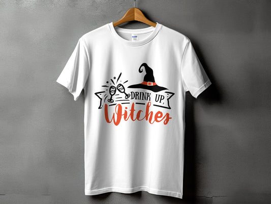 White t-shirt with "Drink Up, Witches" and witch hat graphic.