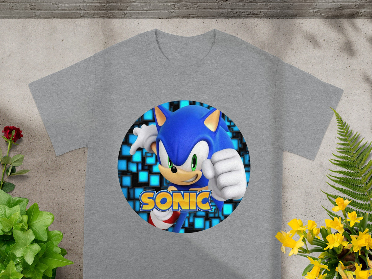 Gray t-shirt with Sonic the Hedgehog graphic and blue pixelated background.