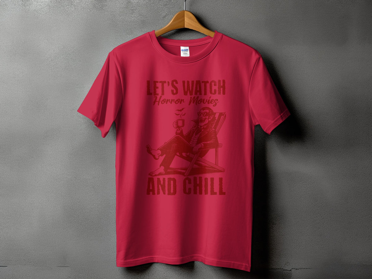 Red t-shirt with "Let's Watch Horror Movies And Chill" text and vampire graphic.