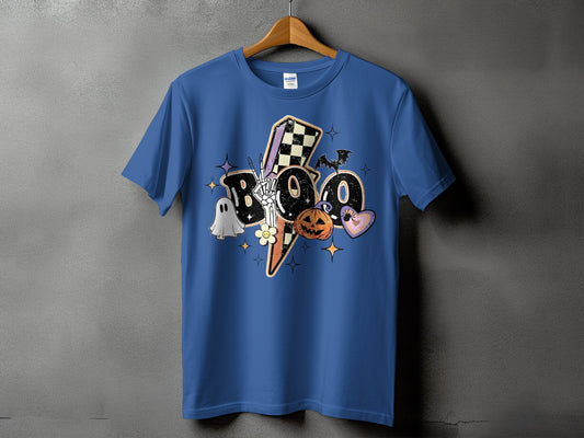 Blue t-shirt with "Boo" Halloween graphic featuring lightning, ghost, pumpkin, and bats.