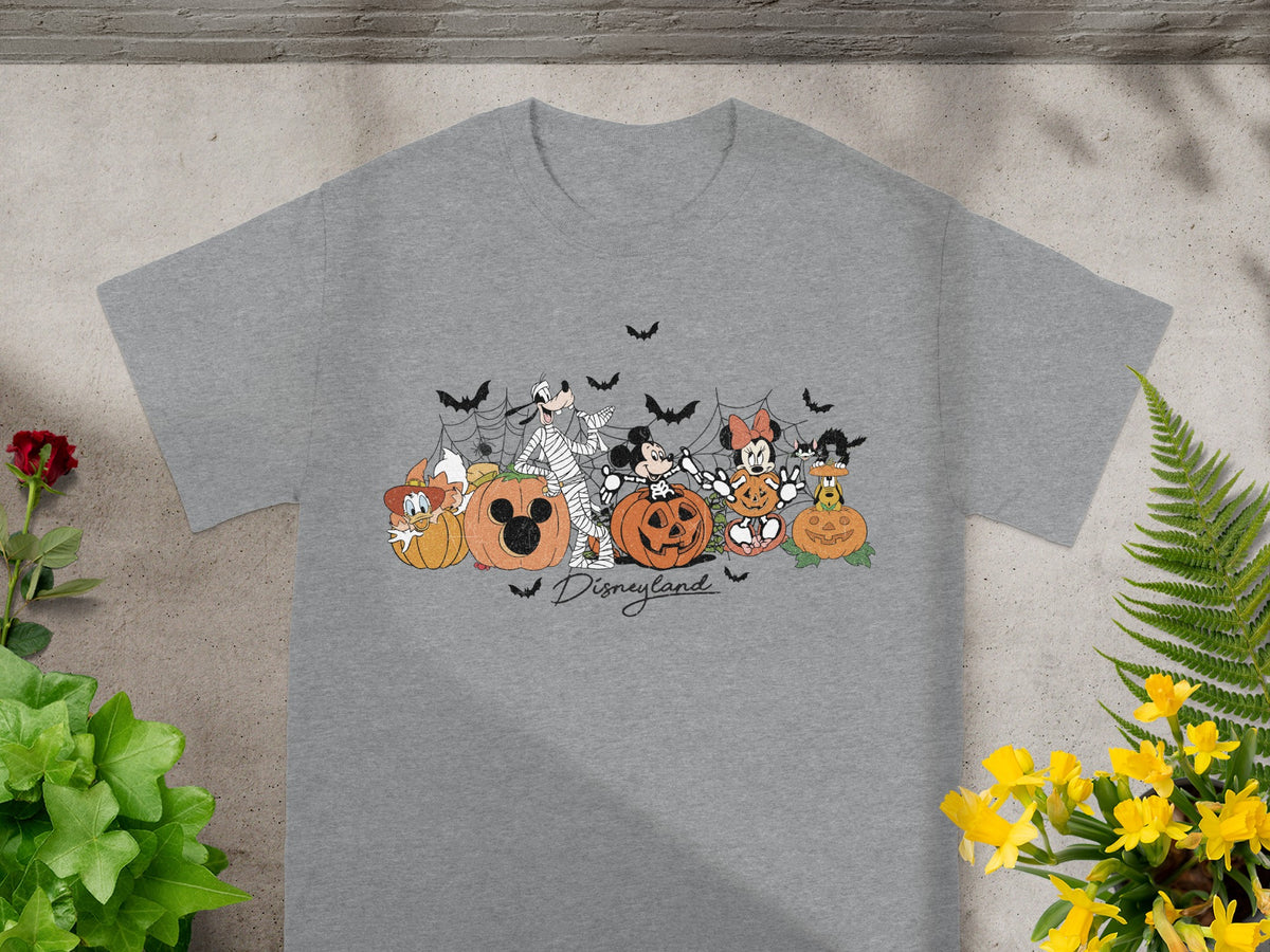 Grey t-shirt with Disney characters and pumpkins in a Halloween theme.