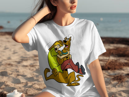 Cartoon Character Hug Beach Scene Graphic T-shirt