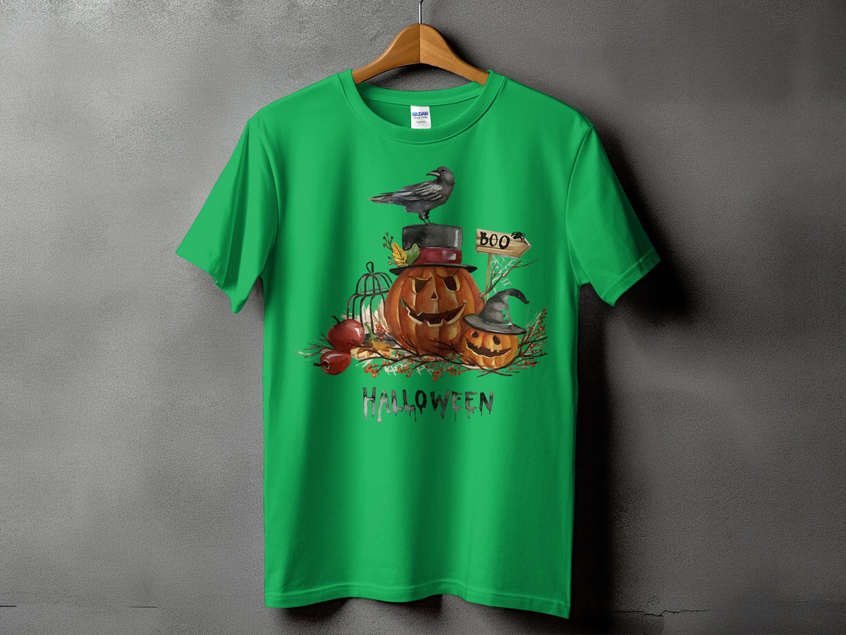 Green t-shirt with Halloween pumpkins, crow, and "BOO" sign design.