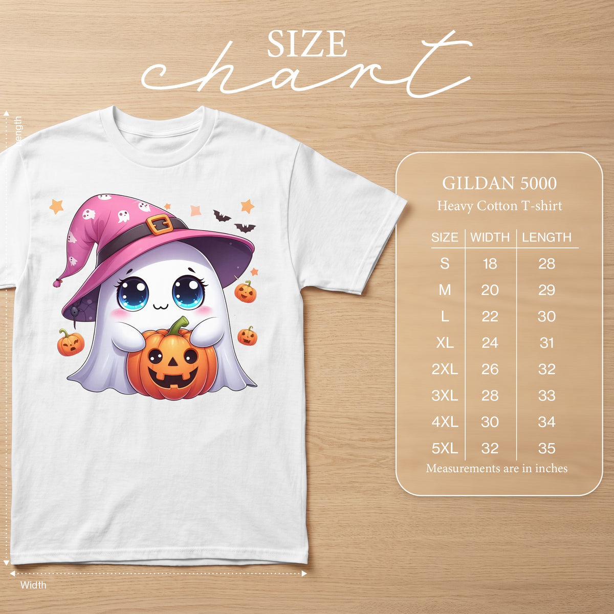 White t-shirt with a cute ghost holding a pumpkin and a size chart.