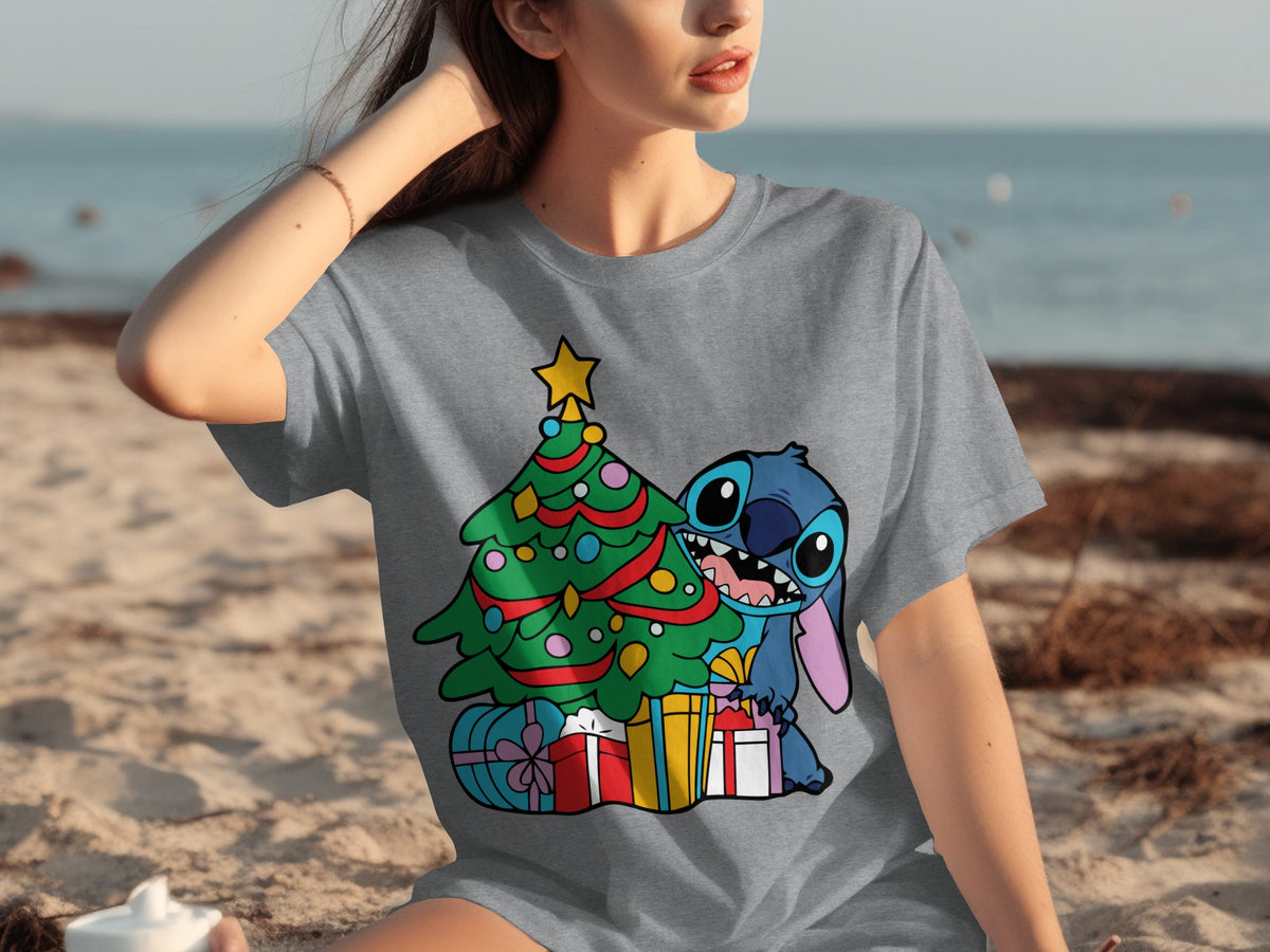Stitch and Christmas Tree Graphic Tee for Holiday Fun