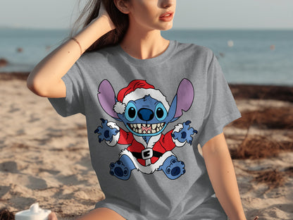Cute Santa Stitch Character T-Shirt for Beach Casual Wear