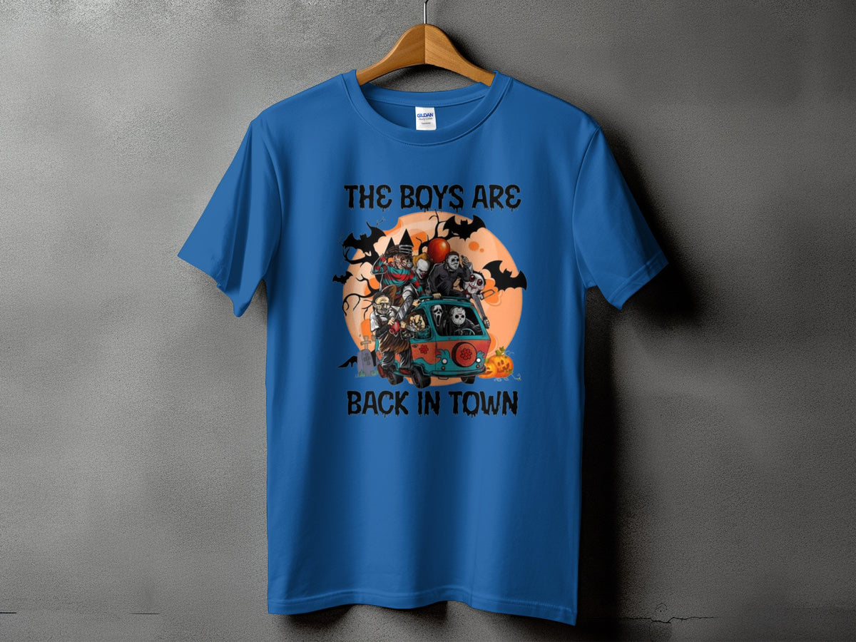 Blue t-shirt with "The Boys Are Back In Town" text and horror characters in a van.
