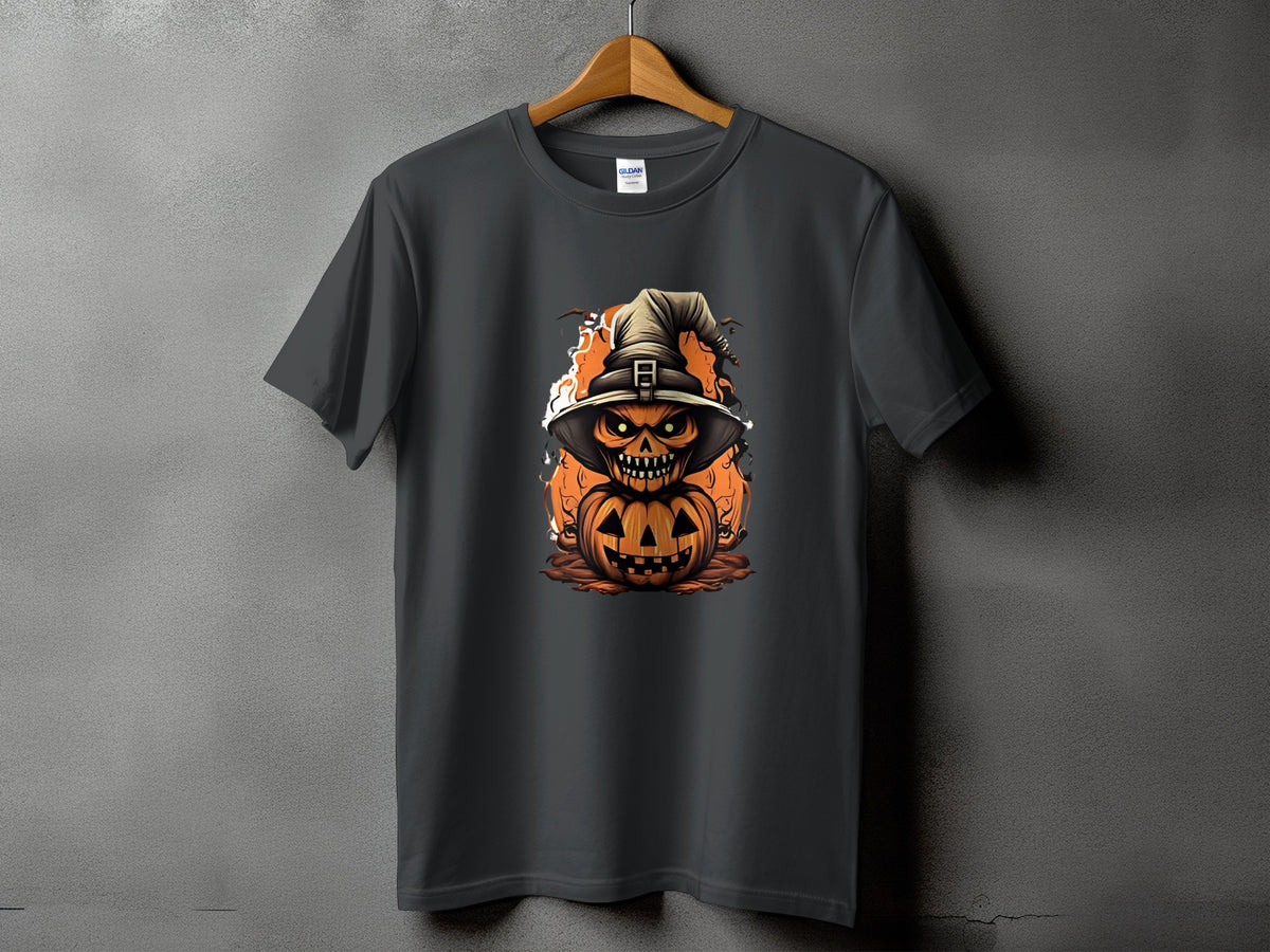 Dark gray t-shirt featuring a Halloween pumpkin character wearing a witch hat.