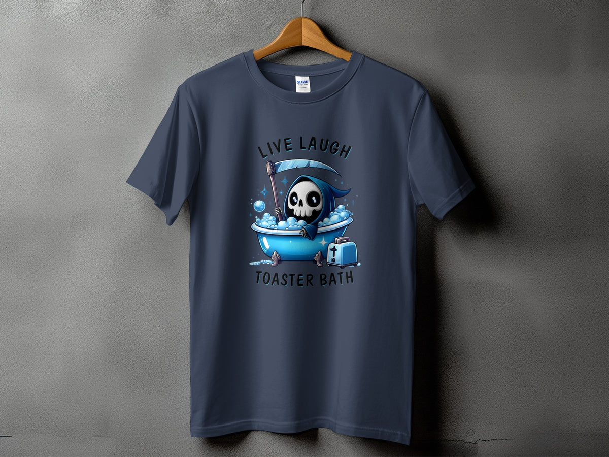 Grim reaper skeleton in bathtub with toaster, text "LIVE LAUGH TOASTER BATH".