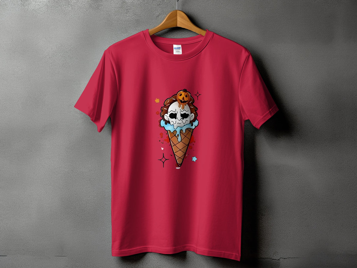 Red t-shirt with a graphic of a spooky ice cream cone with a pumpkin on top.
