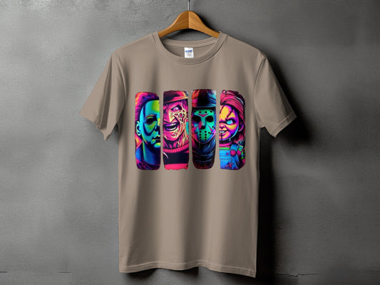 Taupe t-shirt with graphic of four horror movie characters in neon colors.