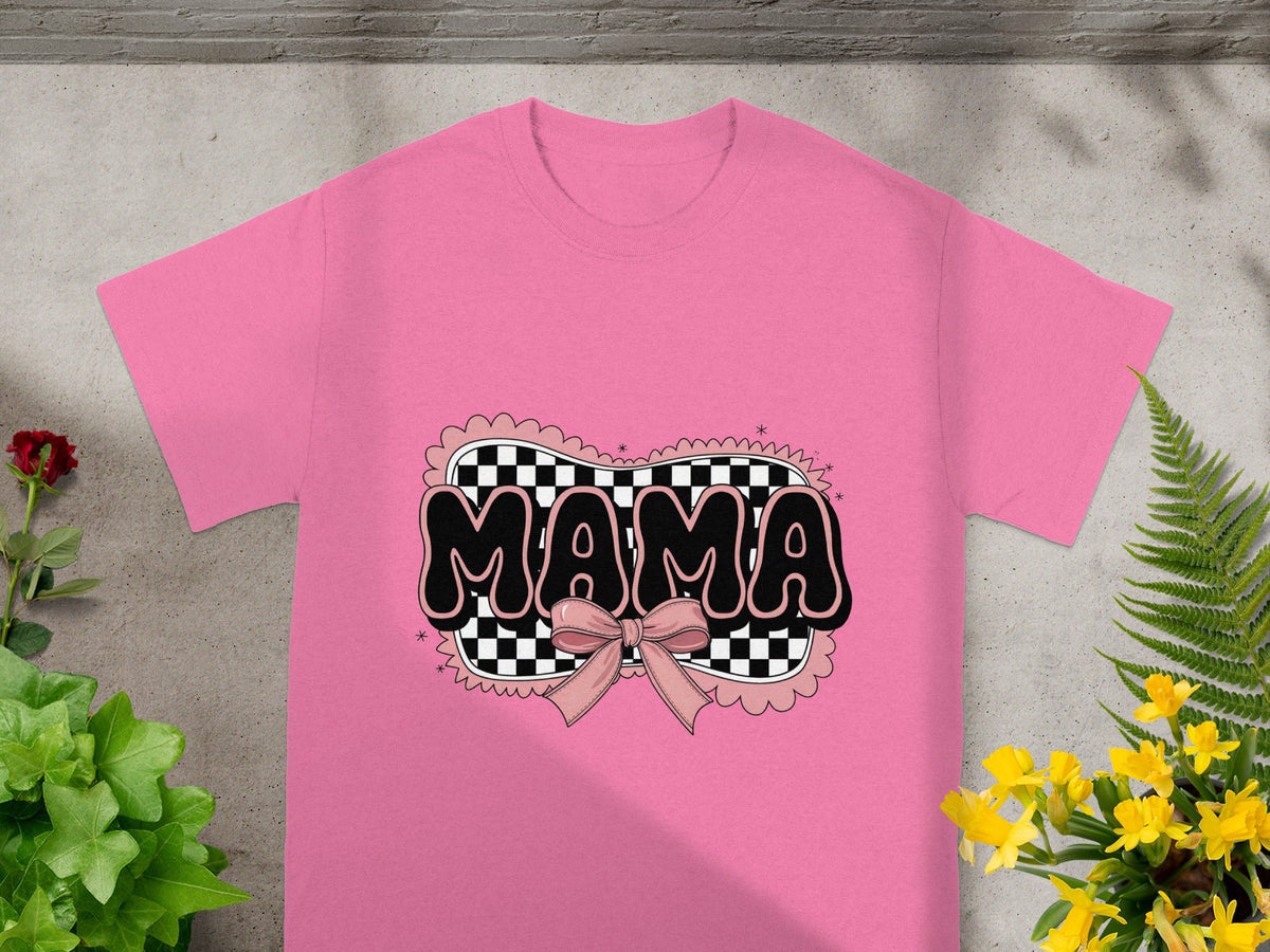 Pink MAMA Graphic Tee with Checkered Design Shirt