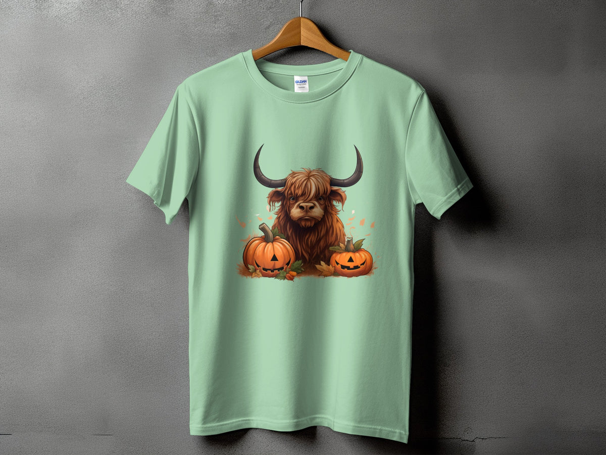 Highland cow with pumpkins and autumn leaves graphic on light green t-shirt.