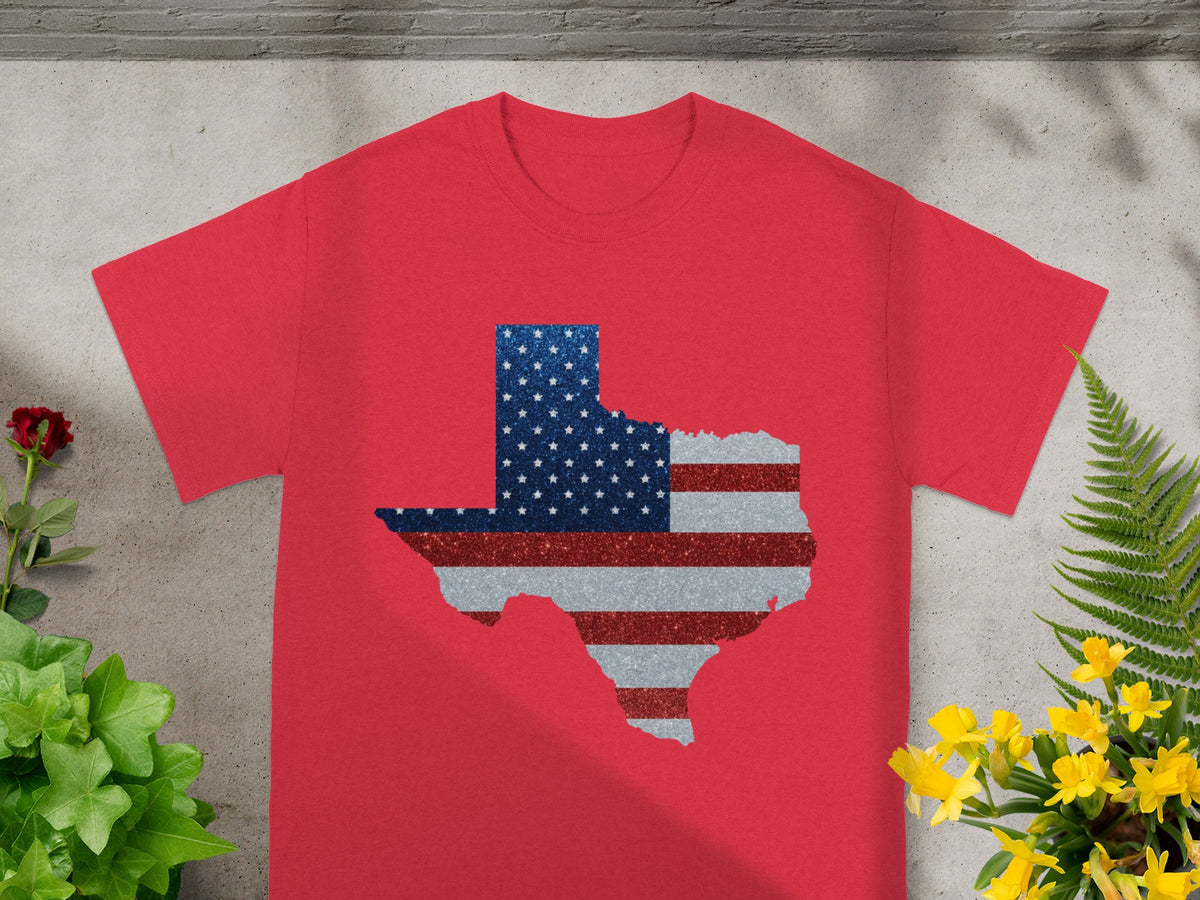 Red t-shirt with a glittery Texas outline in the U.S. flag design.