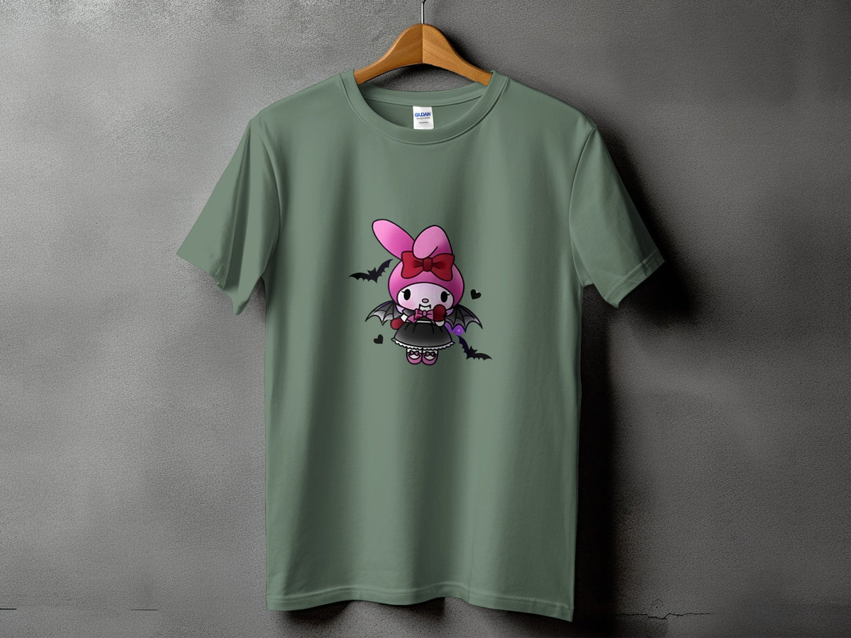 Olive green t-shirt with a cartoon vampire bunny wearing a pink bow and black dress.
