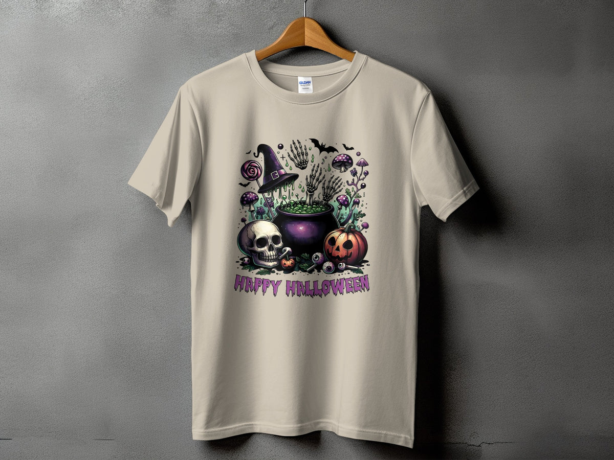 T-shirt with Halloween graphic featuring cauldron, skull, pumpkin, and text "HAPPY HALLOWEEN".