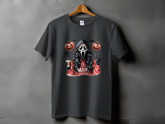 Ghostface with coffee, pumpkins, bats, and "MAM" text on a dark grey t-shirt.
