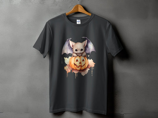 Dark gray t-shirt with a cute bat sitting on a Jack-o'-lantern graphic.