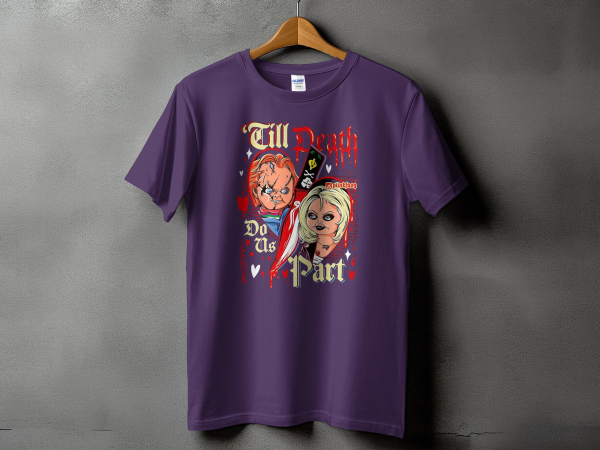 Purple t-shirt with Chucky and Tiffany dolls, "Till Death Do Us Part" text, and skull.