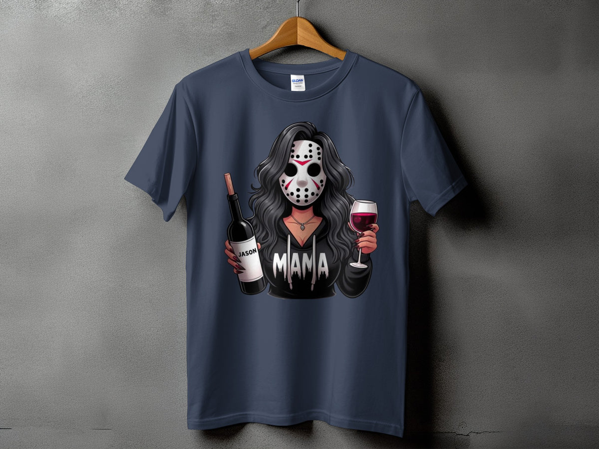 Illustration of woman in Jason mask holding wine bottle and glass, text "MAMA".