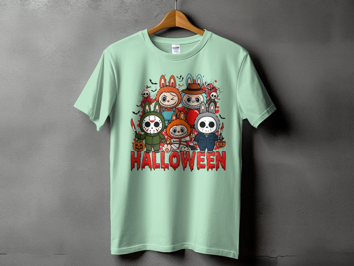 Mint green t-shirt with cartoon horror characters and "HALLOWEEN" text.