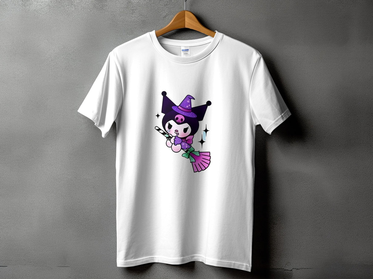 White t-shirt with a cartoon character wearing a witch hat and holding a candy cane.