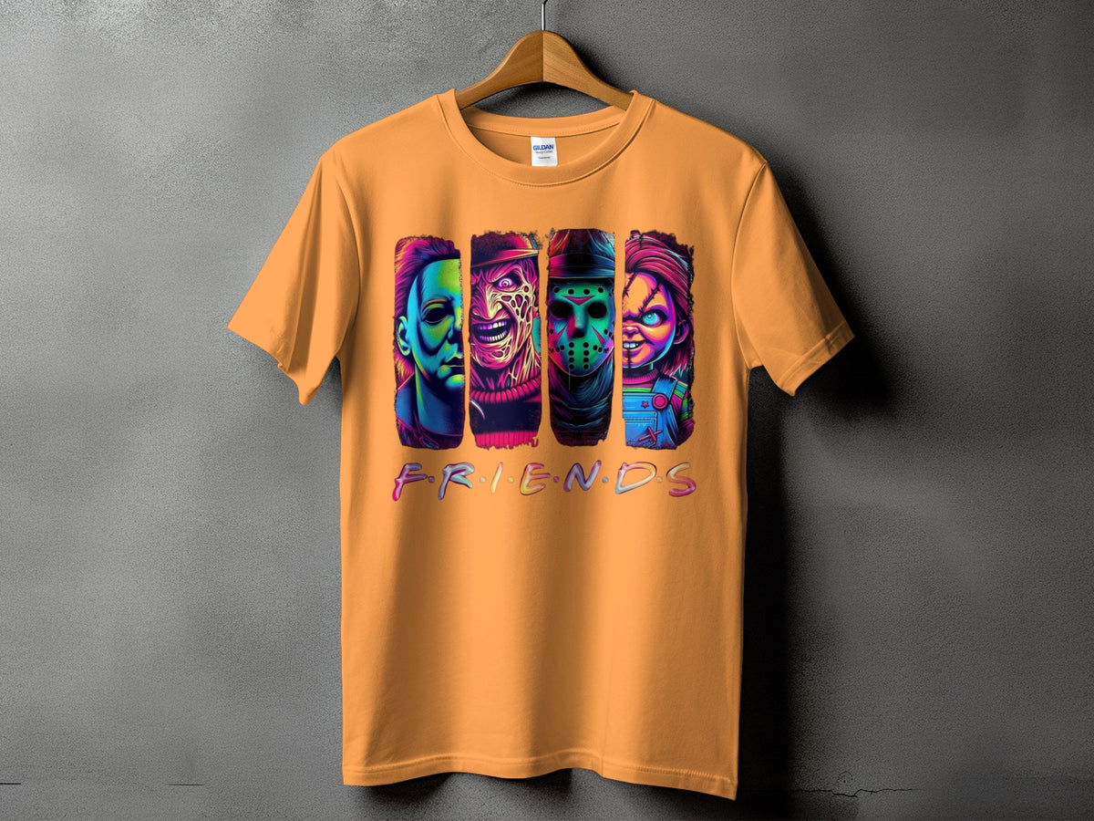 Orange t-shirt with horror characters and "FRIENDS" text graphic.
