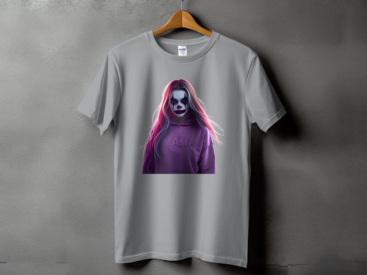 Gray t-shirt with a graphic of a person in clown makeup and a purple hoodie with "MAMA" text.
