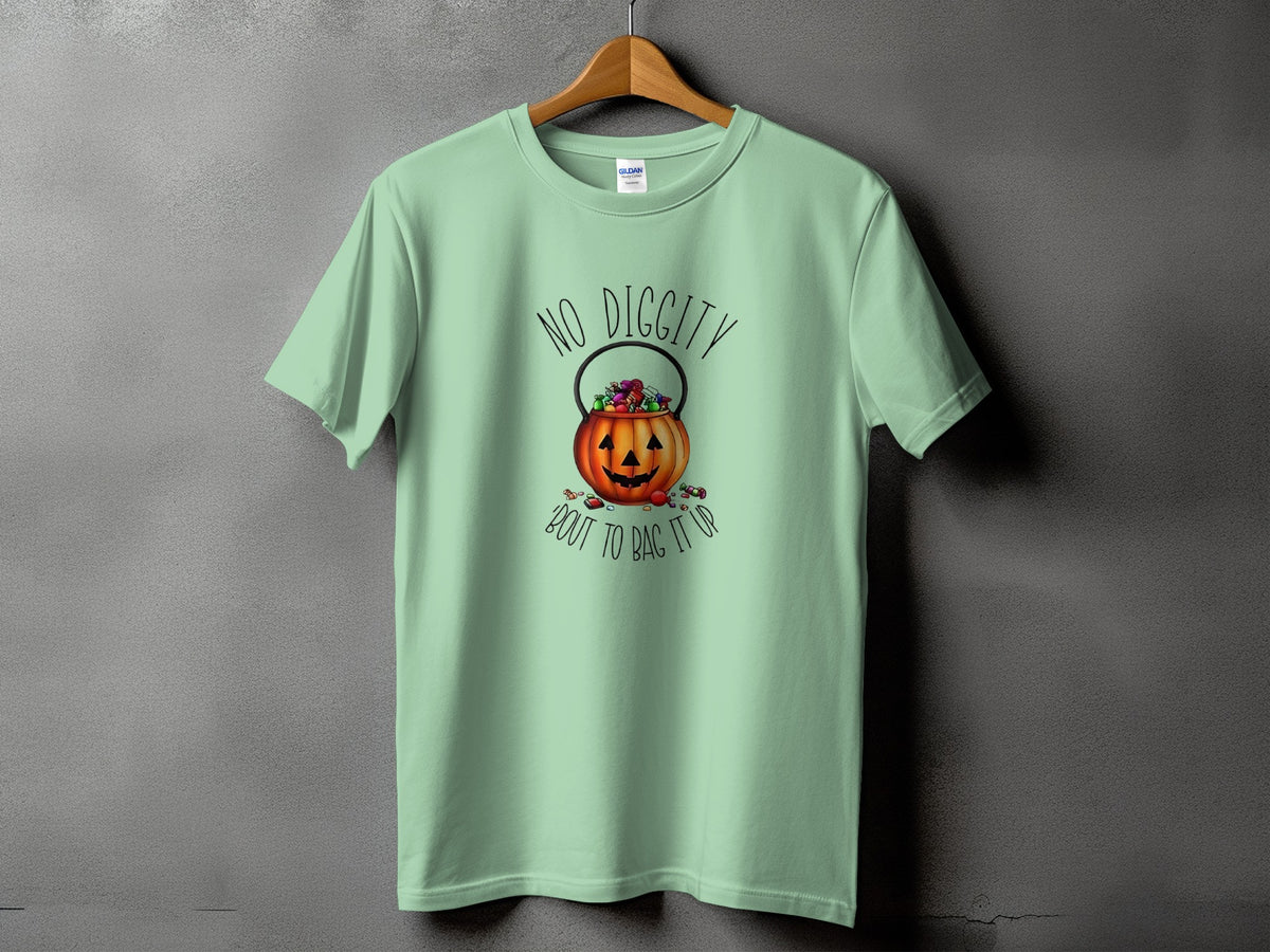 Light green t-shirt with a pumpkin candy bucket and "No Diggity 'Bout to Bag It Up" text.
