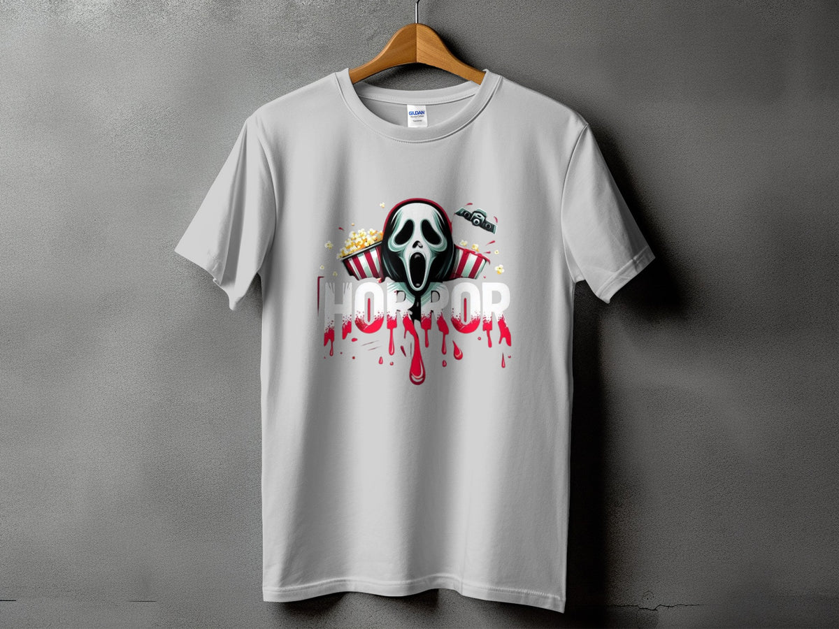 White t-shirt with a horror mask, popcorn, and the word "HORROR".