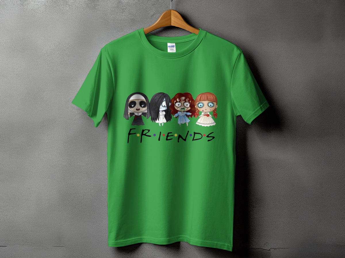 Green t-shirt with cartoon horror characters and "FRIENDS" text.