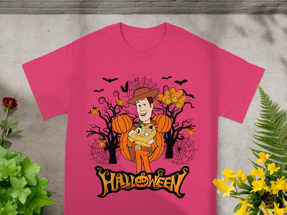 Pink t-shirt with Woody and Mickey pumpkins, Halloween text.