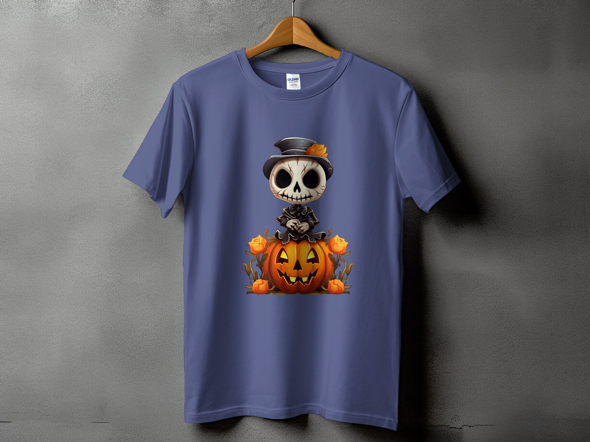 Skeleton wearing a top hat sits on a jack-o'-lantern surrounded by roses.