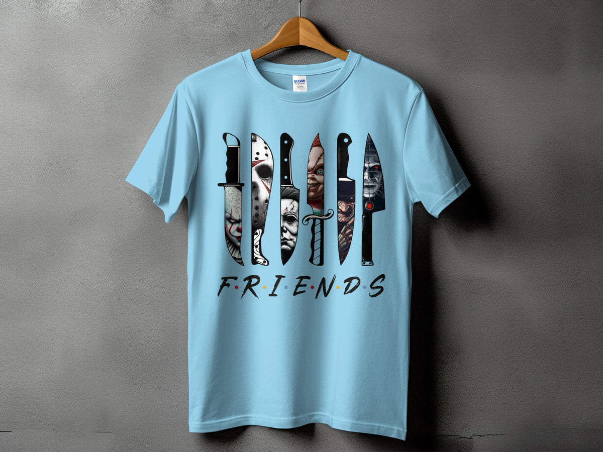 Light blue t-shirt with horror movie villains' knives and "FRIENDS" text.