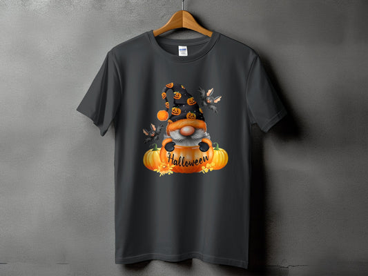 Gnome with bats and pumpkins on a dark grey t-shirt, reads "Halloween."