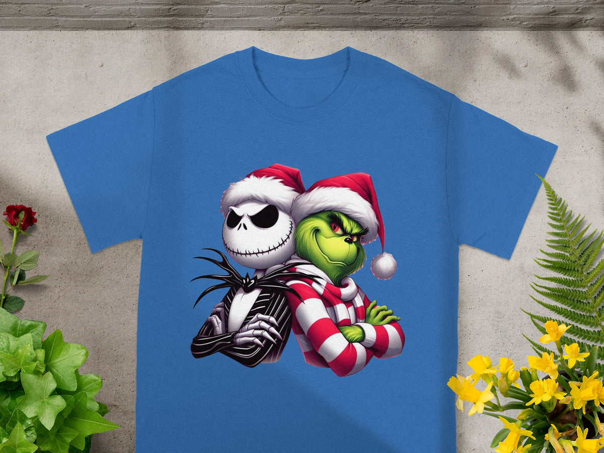 Jack Skellington and The Grinch wearing Santa hats with arms crossed.