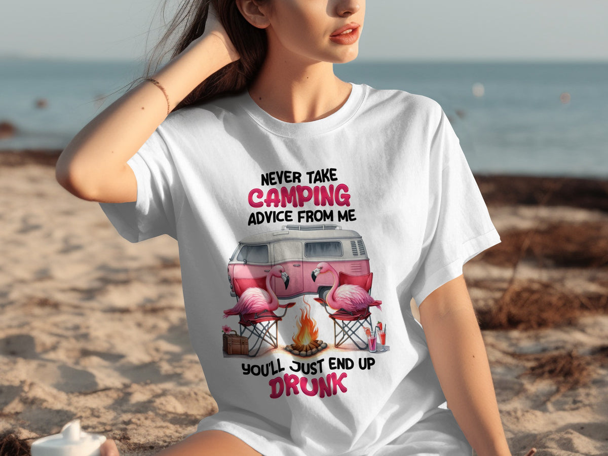 Never Take Camping Advice Funny Drunk Flamingo T-shirt