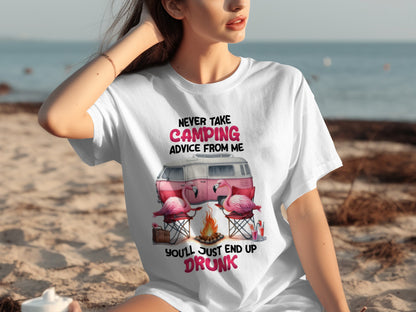 Never Take Camping Advice Funny Drunk Flamingo T-shirt