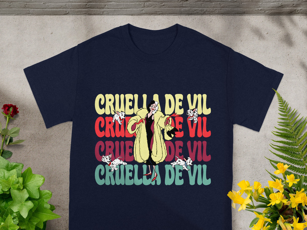 Navy t-shirt with "Cruella De Vil" repeated in colorful distressed font.