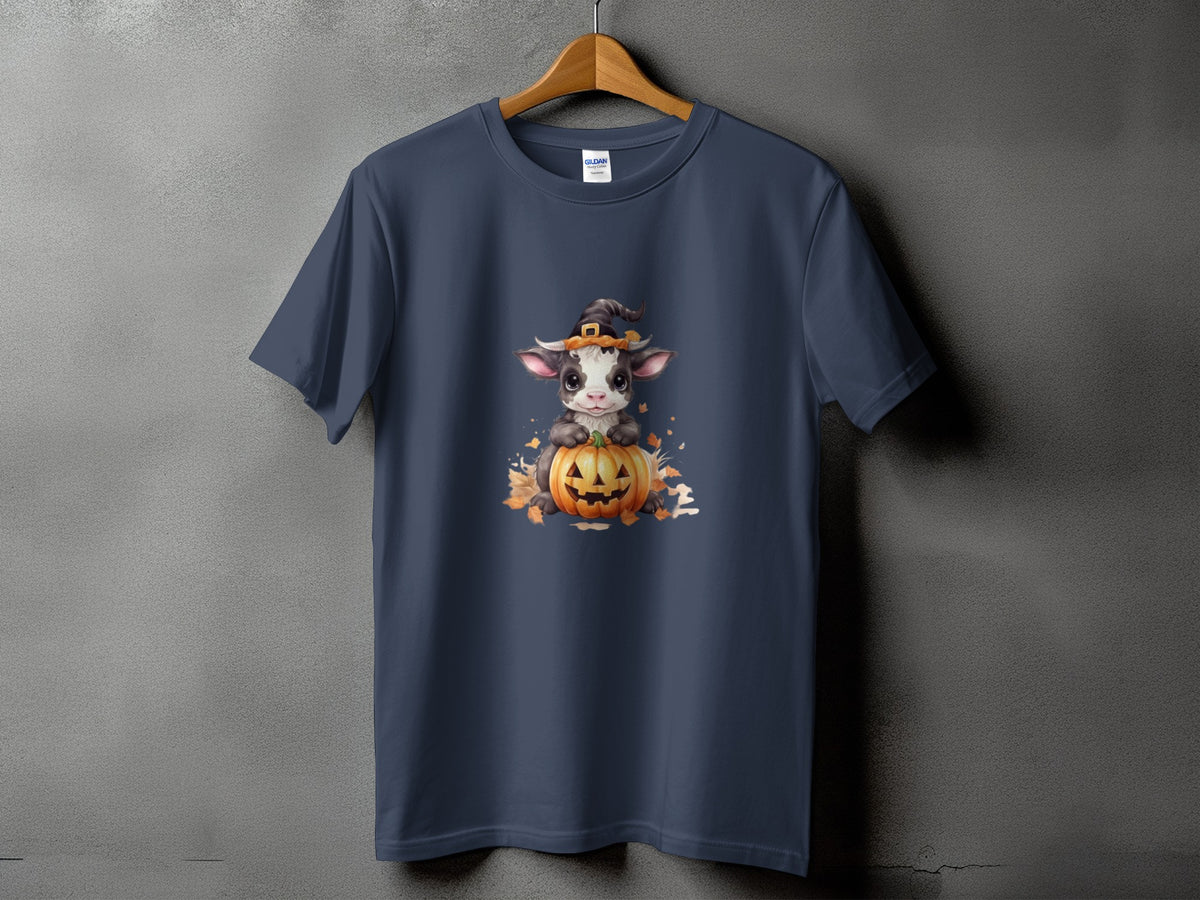 Dark blue t-shirt with a cute cow wearing a witch hat sitting on a pumpkin.