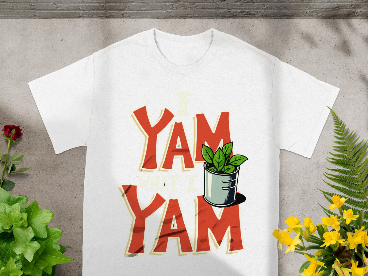 White t-shirt with "YAM YAM" text and a potted plant graphic.